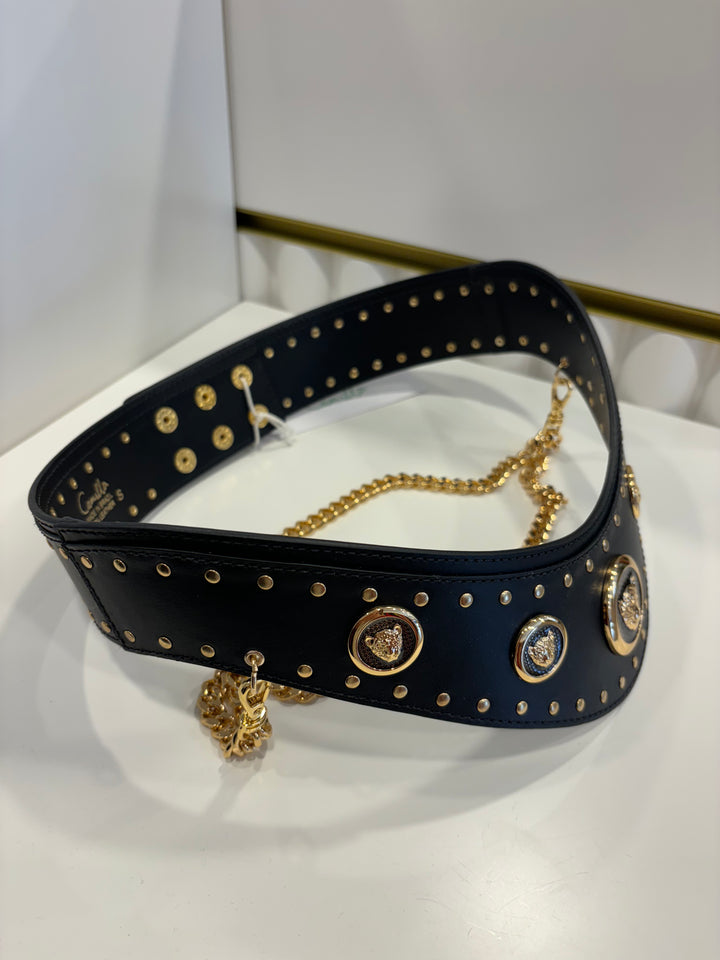 Belt With Leopard Hardware and Chains - Solid Black