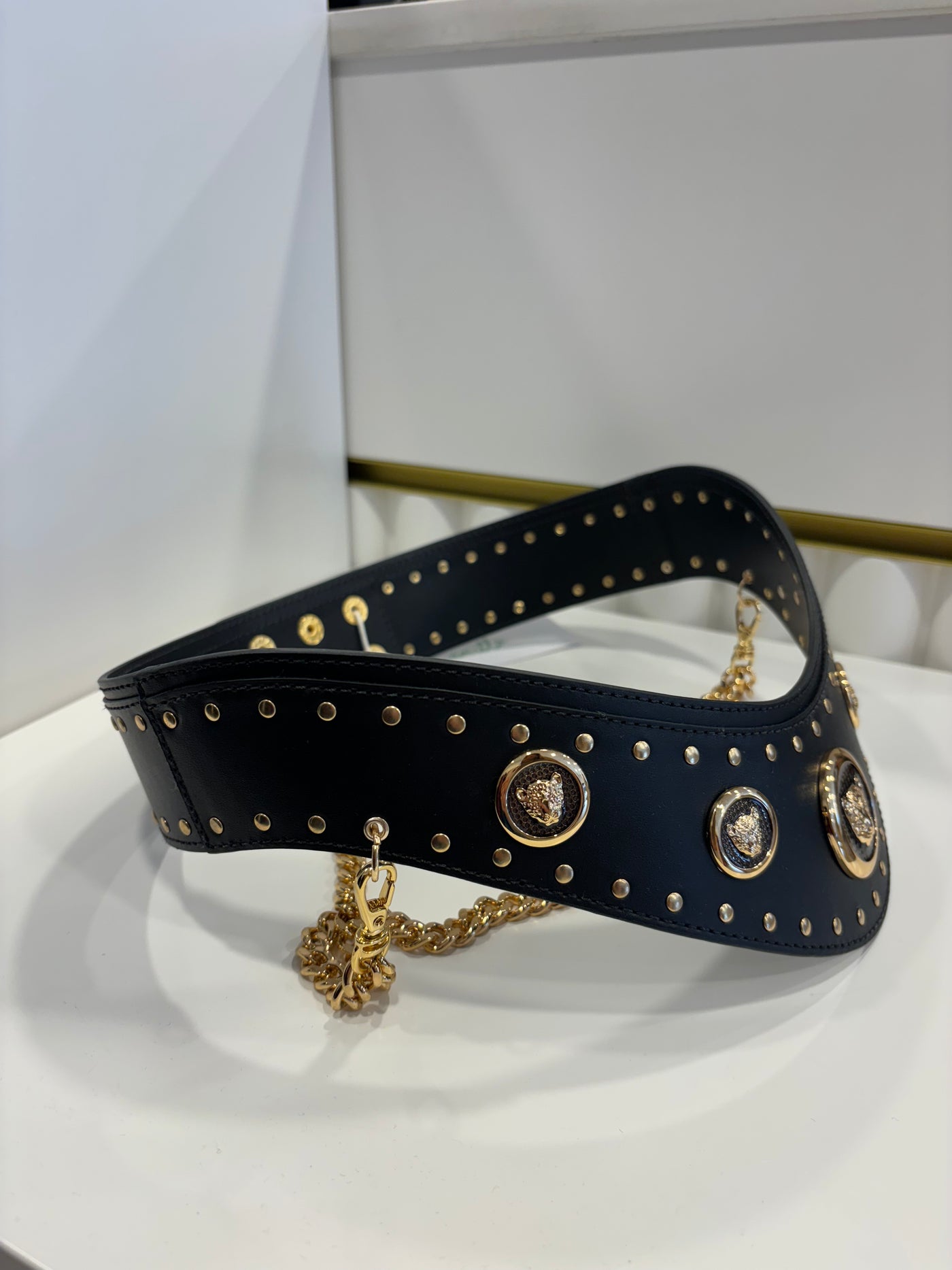Belt With Leopard Hardware and Chains - Solid Black