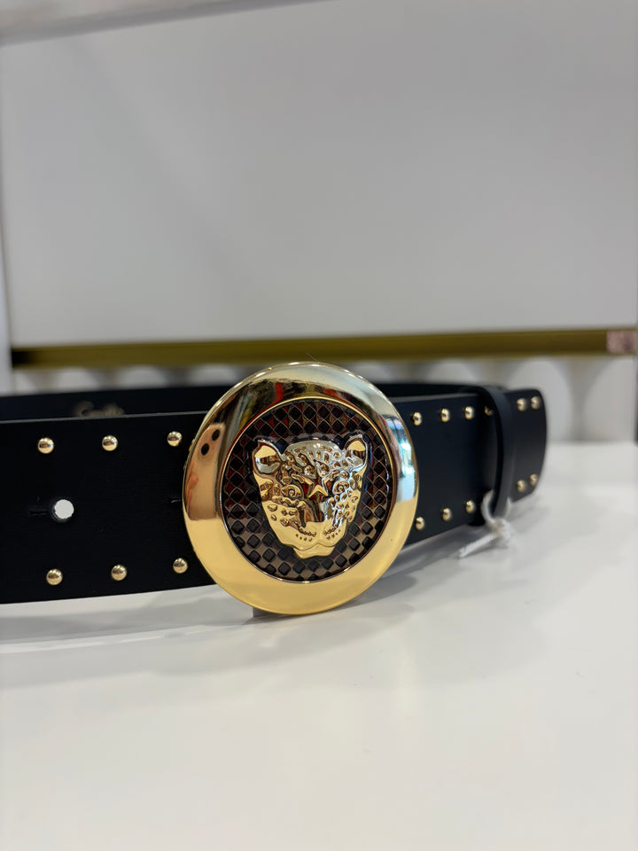 Leopard Button Belt - Solid Black