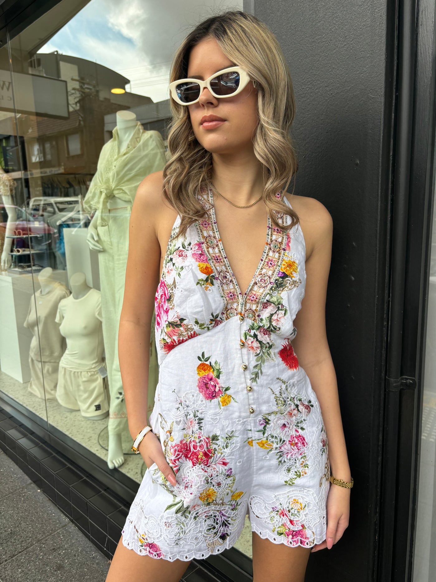 Button Front Halter Playsuit- Egyptian rose