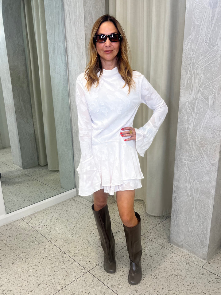 Bowery Long Sleeve Ruffle Mini Dress - Milk