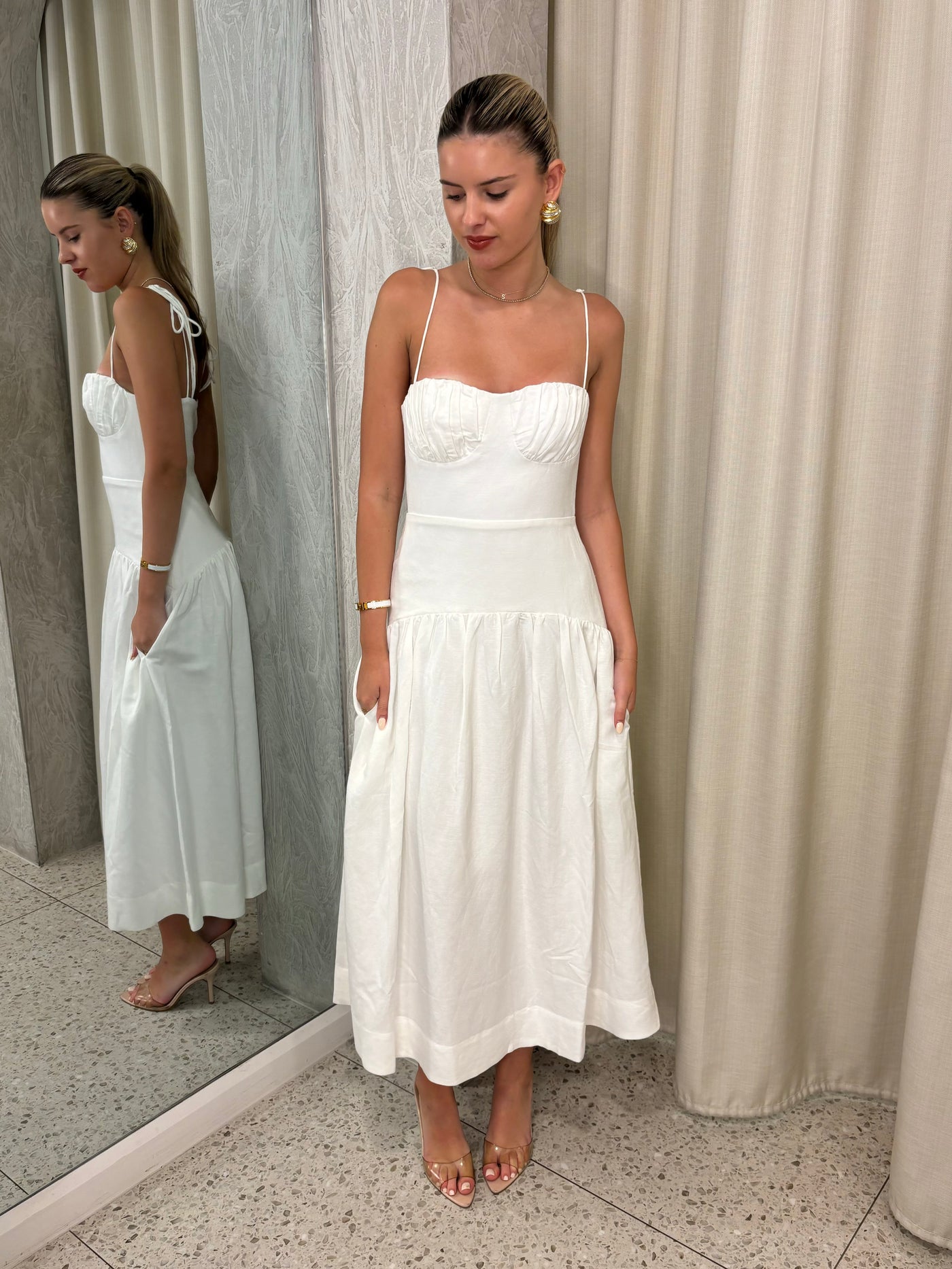 blanc gathered midi dress