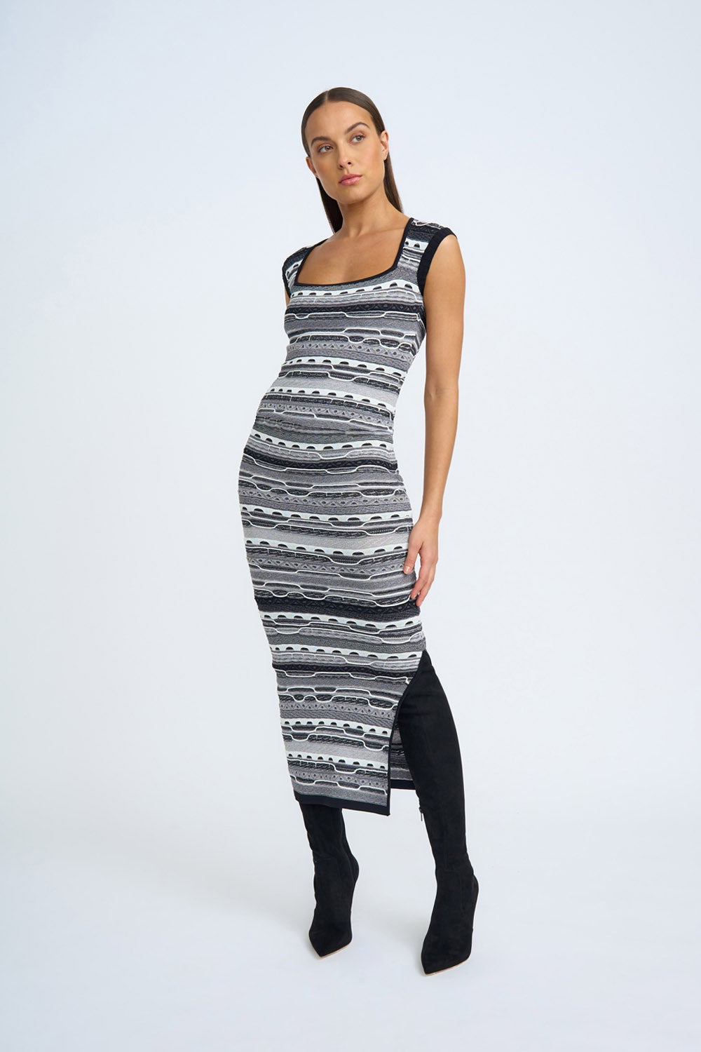 Monochrome Stitch Knit Dress - Black Grey Ivy