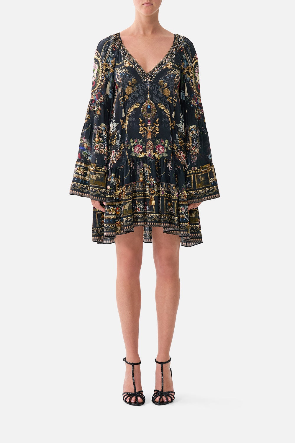 A-LINE GATHERED PANEL DRESS - night garden