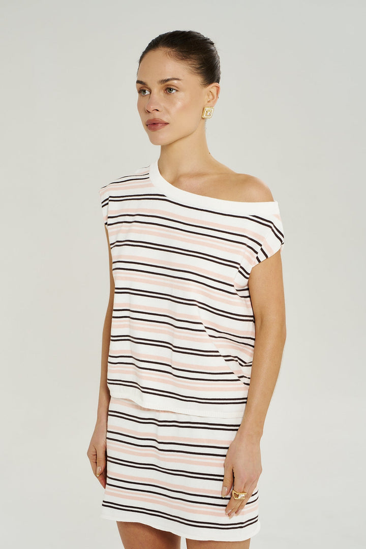 KNIT OFF SHOULDER TOP - DUSTY ROSE STRIPE