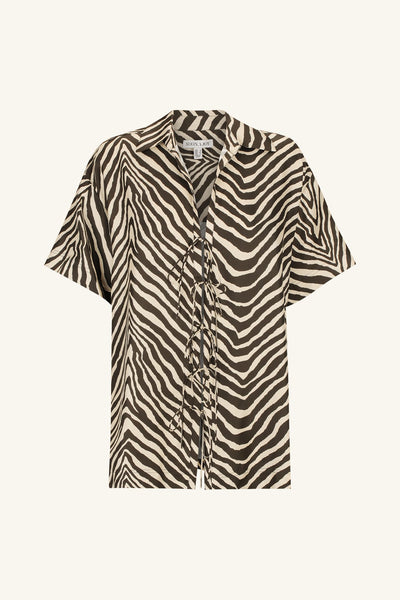 sana silk short sleeve tie shirt - bone/chocolate