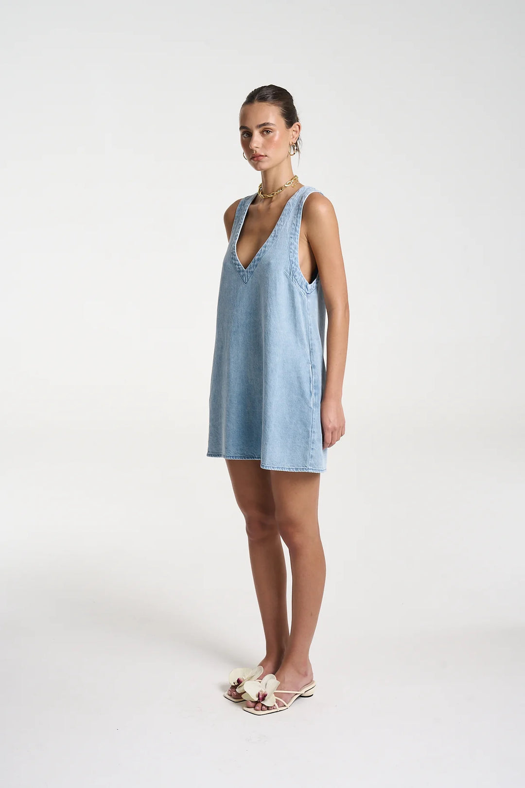 Denim V Neck Shift - Sky Blue Denim SBD