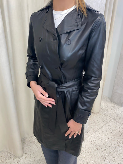 Double Breasted Lamb Skin Trench Coat - Black