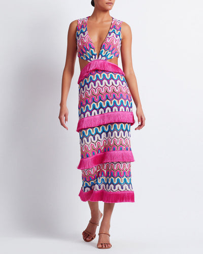 Crochet Cut-Out Fringe Maxi Dress in Pink Multi