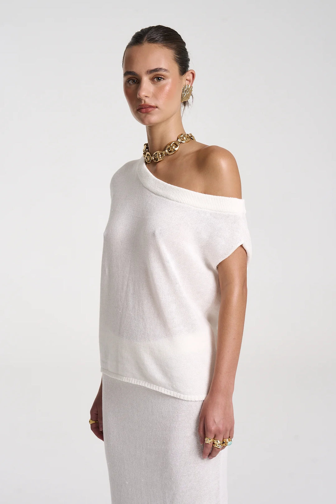 Knit Off Shoulder Top - White Wht