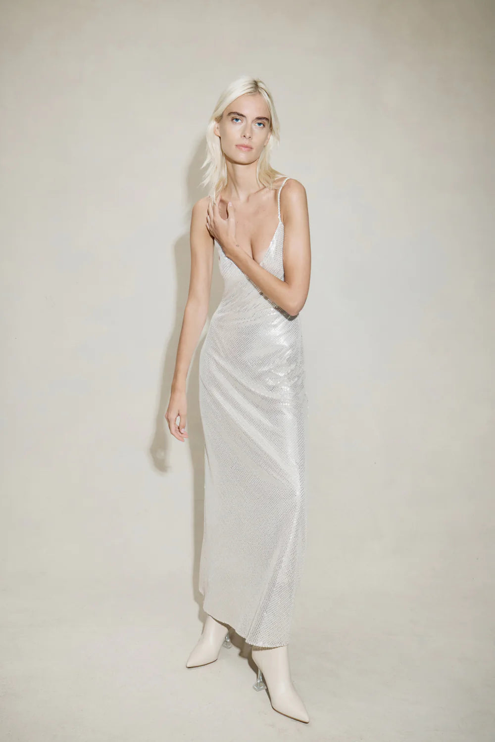 High Voltage Slip Dress- Nude Silver