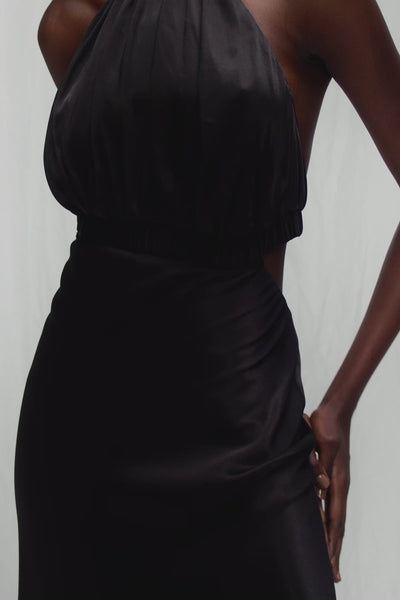 Angelica Ruched Open Back Halter Midi Dress - Black