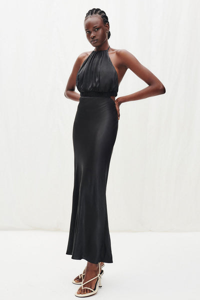Angelica Ruched Open Back Halter Midi Dress - Black