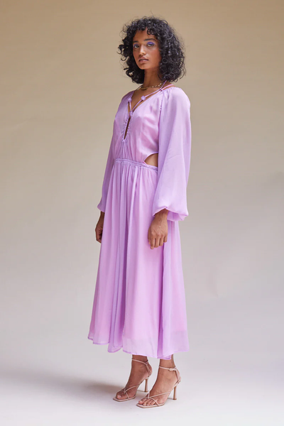 Vela Sheer Long Sleeve Cut Out Midi Dress - Lilac