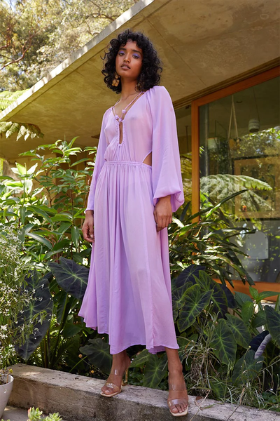 Vela Sheer Long Sleeve Cut Out Midi Dress - Lilac