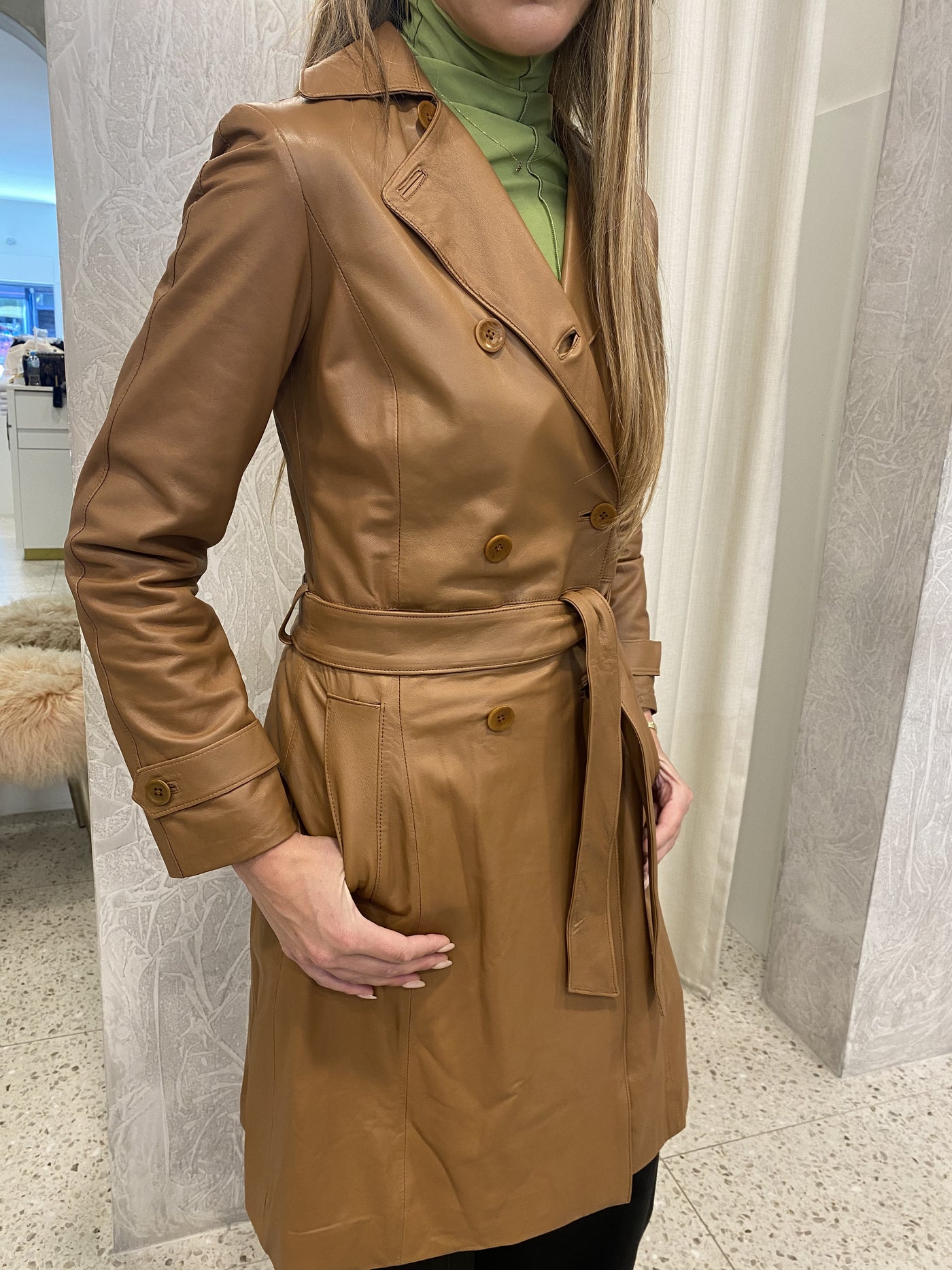 Double Breasted Lamb Skin Trench Coat - Cognac