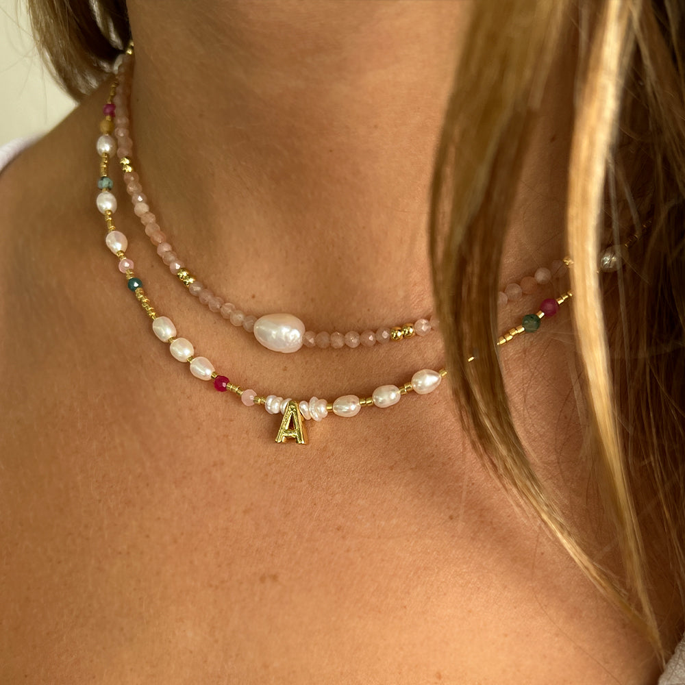 Beaded Gemstone and Pearl Initial Necklace